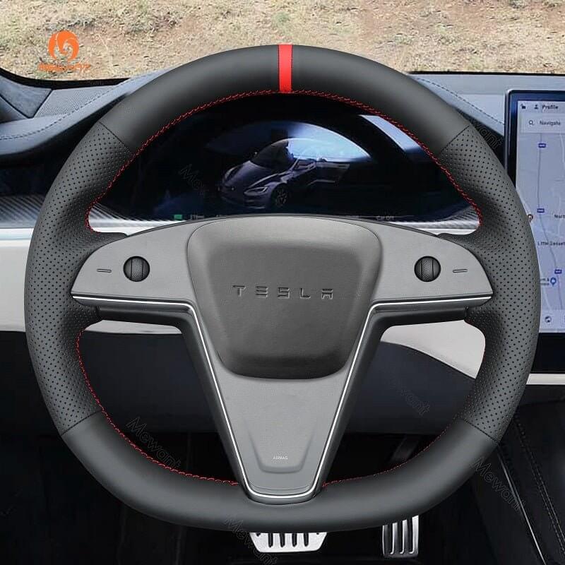 MEWANT Steering Wheel Cover for Tesla Model S Base Plaid 2021 - Alcantara, Leather, Carbon Fiber, Easy Install, Non - Slip, Best Steering Wheel Cover