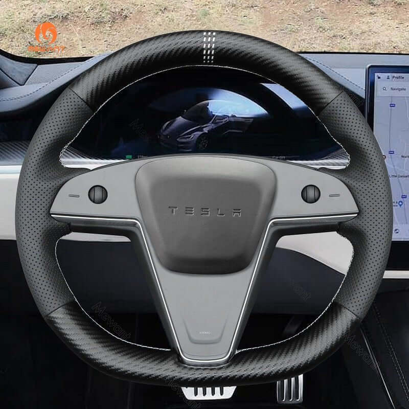 MEWANT Steering Wheel Cover for Tesla Model S Base Plaid 2021 - Alcantara, Leather, Carbon Fiber, Easy Install, Non - Slip, Best Steering Wheel Cover