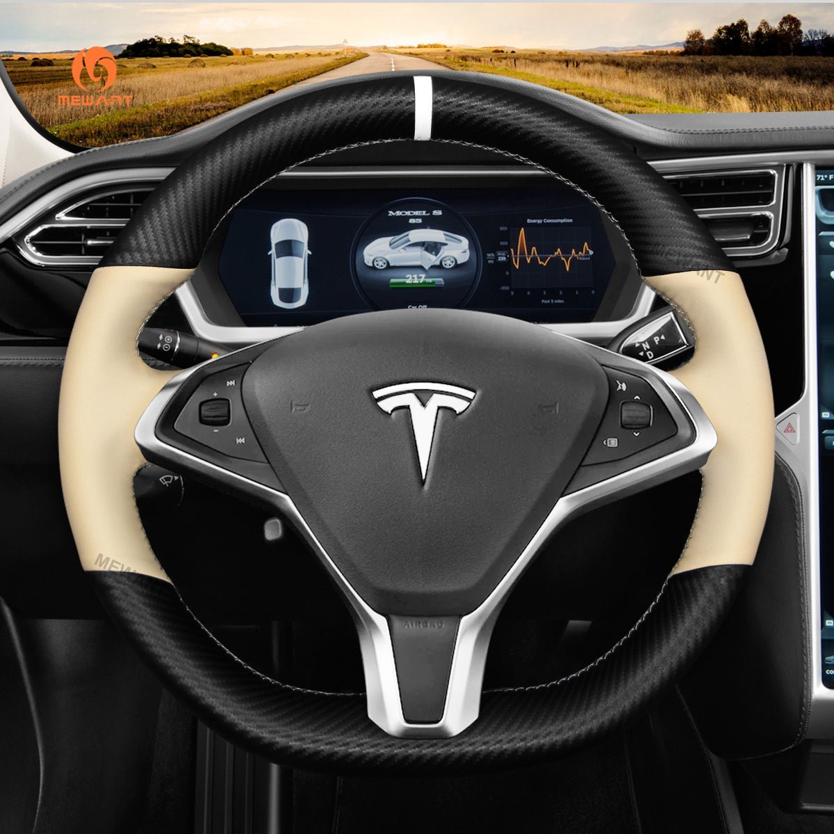 MEWANT Steering Wheel Cover for Tesla Model S Model X 2012 - 2021 - Alcantara, Leather, Carbon Fiber, Easy Install, Non - Slip, Best Steering Wheel Cover