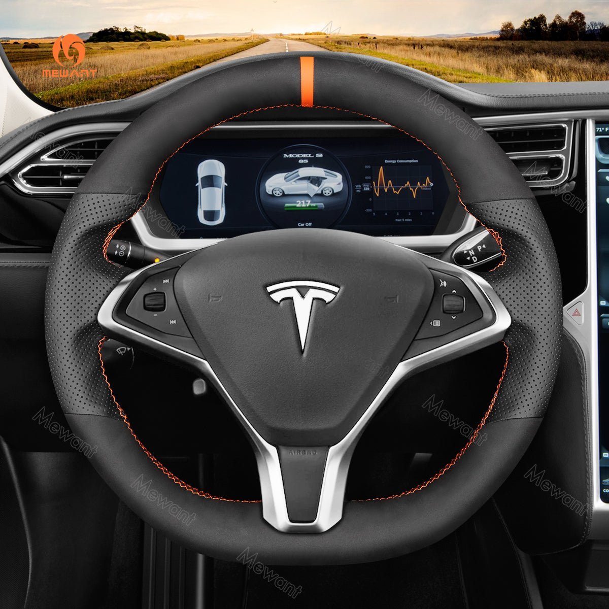 MEWANT Steering Wheel Cover for Tesla Model S Model X 2012 - 2021 - Alcantara, Leather, Carbon Fiber, Easy Install, Non - Slip, Best Steering Wheel Cover