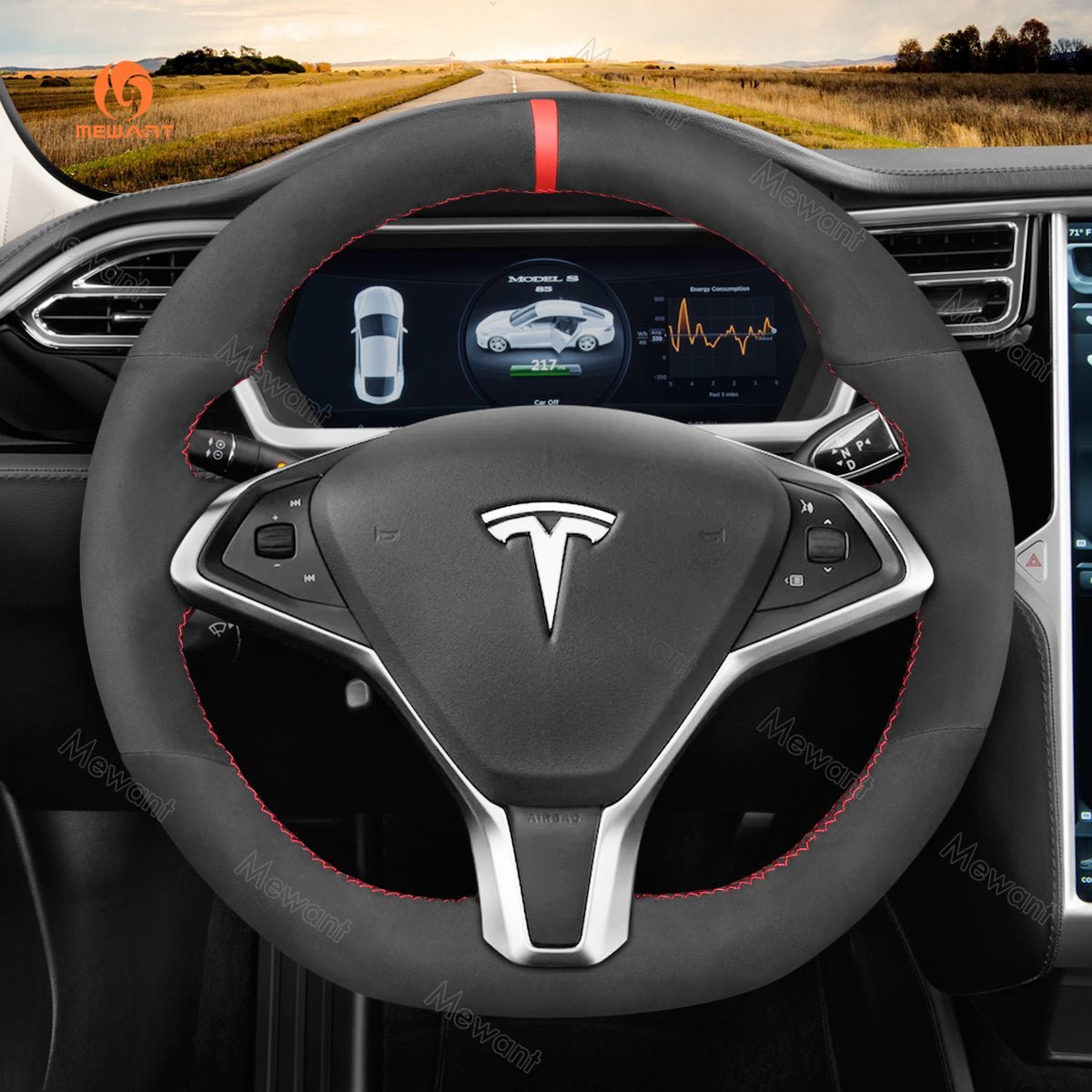 MEWANT Steering Wheel Cover for Tesla Model S Model X 2012 - 2021 - Alcantara, Leather, Carbon Fiber, Easy Install, Non - Slip, Best Steering Wheel Cover
