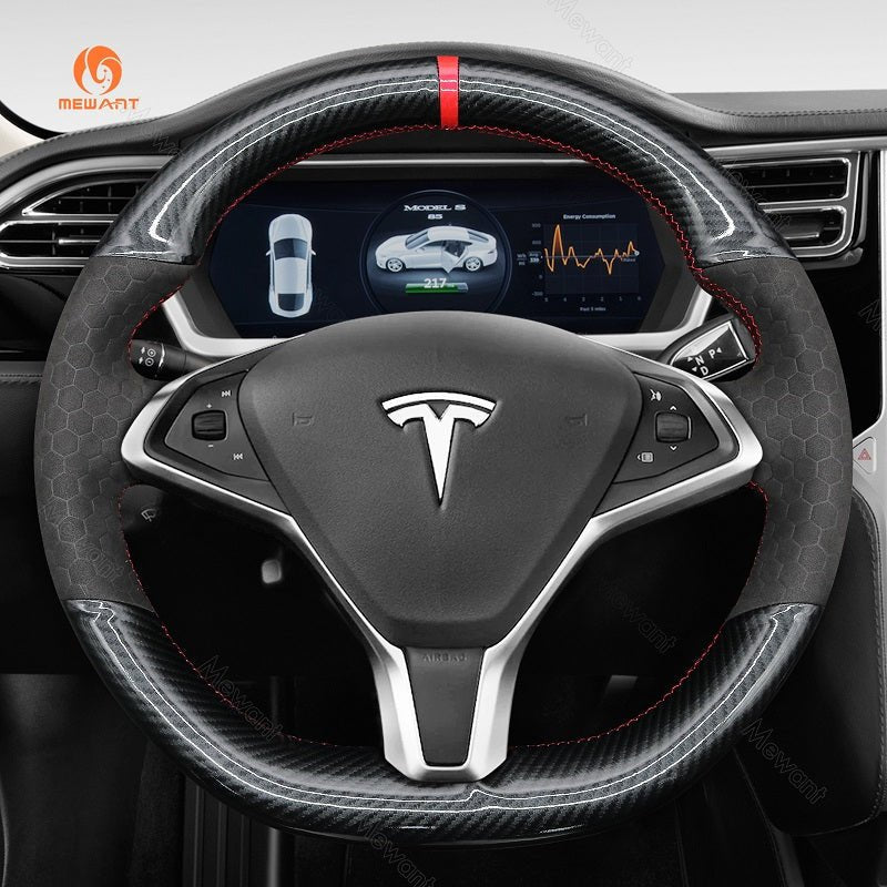 MEWANT Steering Wheel Cover for Tesla Model S Model X 2012 - 2021 - Alcantara, Leather, Carbon Fiber, Easy Install, Non - Slip, Best Steering Wheel Cover