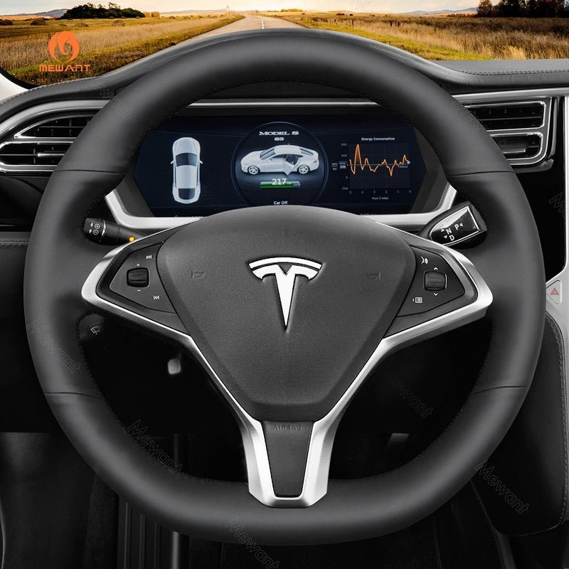 MEWANT Steering Wheel Cover for Tesla Model S Model X 2012 - 2021 - Alcantara, Leather, Carbon Fiber, Easy Install, Non - Slip, Best Steering Wheel Cover