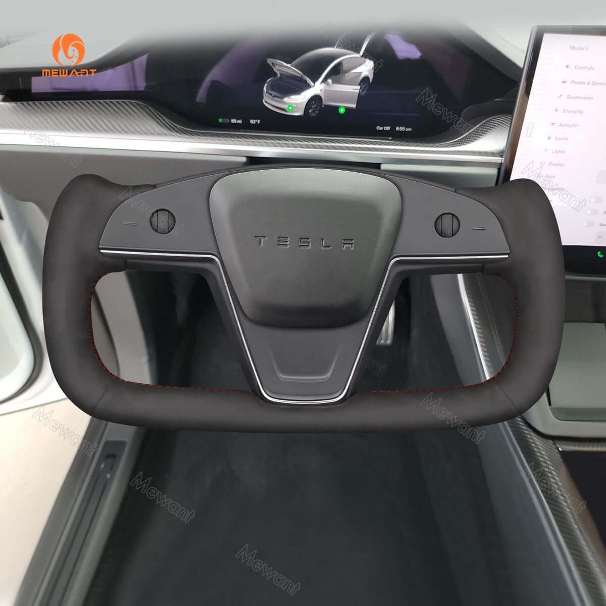 MEWANT Steering Wheel Cover for Tesla Yoke Model S Model X 2021 - 2026 - Alcantara, Leather, Carbon Fiber, Easy Install, Non - Slip, Best Steering Wheel Cover