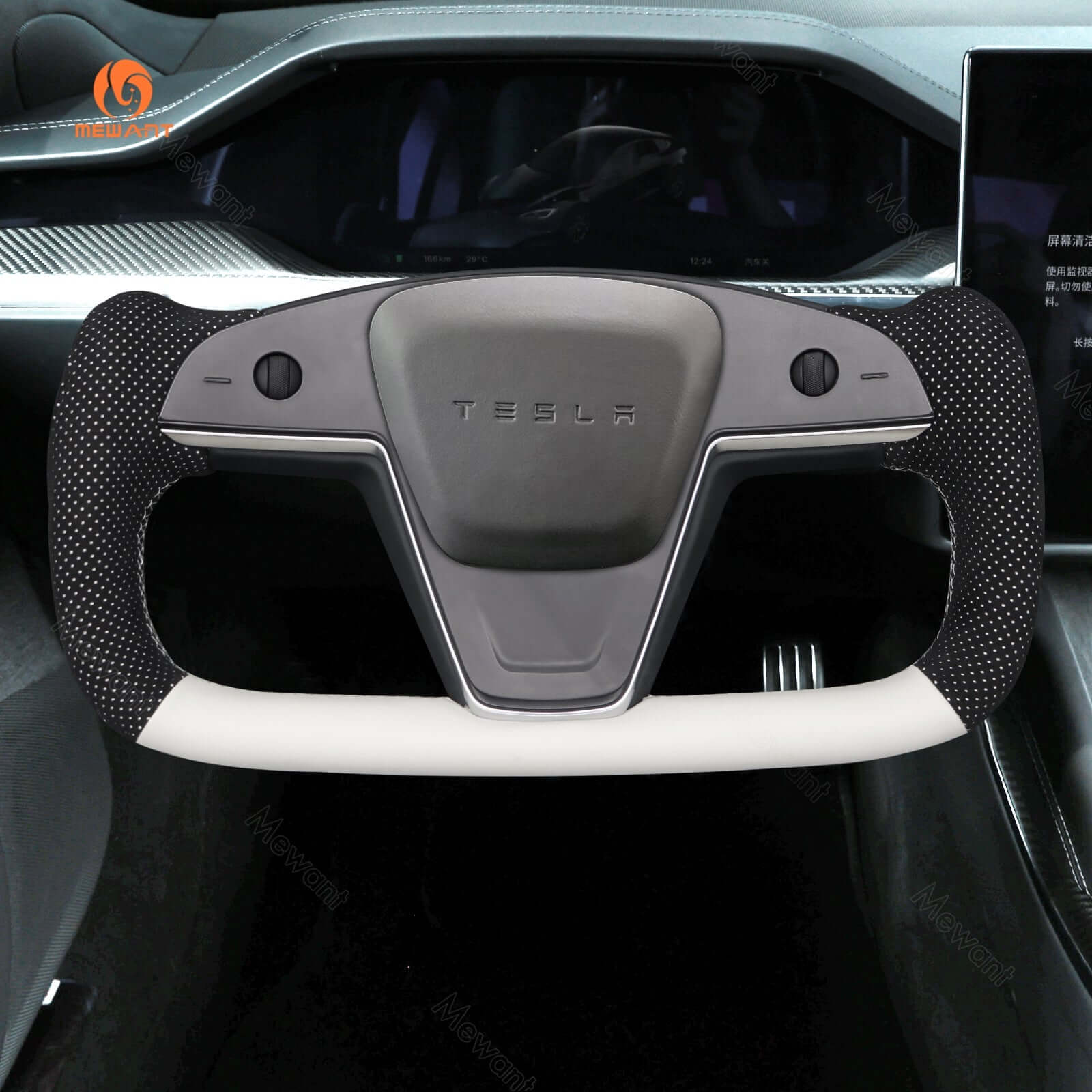 MEWANT Steering Wheel Cover for Tesla Yoke Model S Model X 2021 - 2026 - Alcantara, Leather, Carbon Fiber, Easy Install, Non - Slip, Best Steering Wheel Cover
