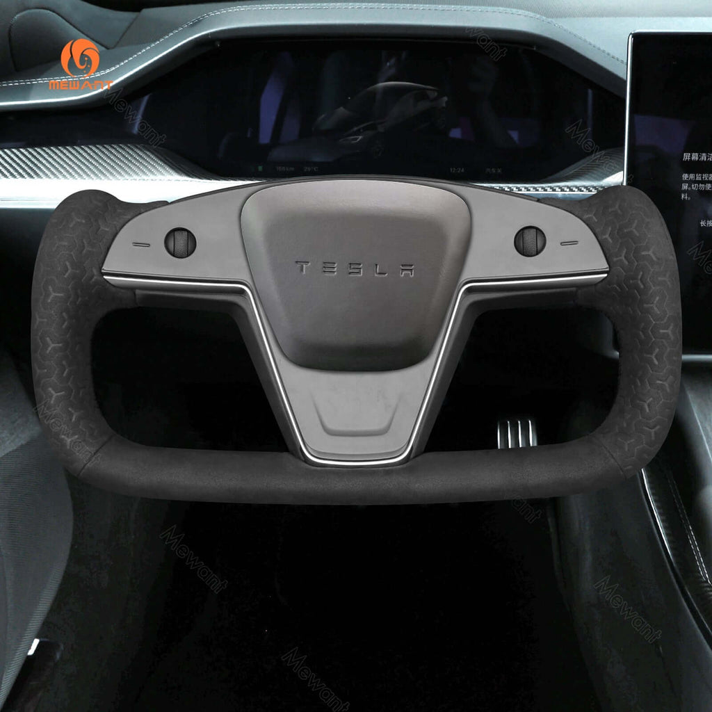MEWANT Steering Wheel Cover for Tesla Yoke Model S Model X 2021 - 2026 - Alcantara, Leather, Carbon Fiber, Easy Install, Non - Slip, Best Steering Wheel Cover