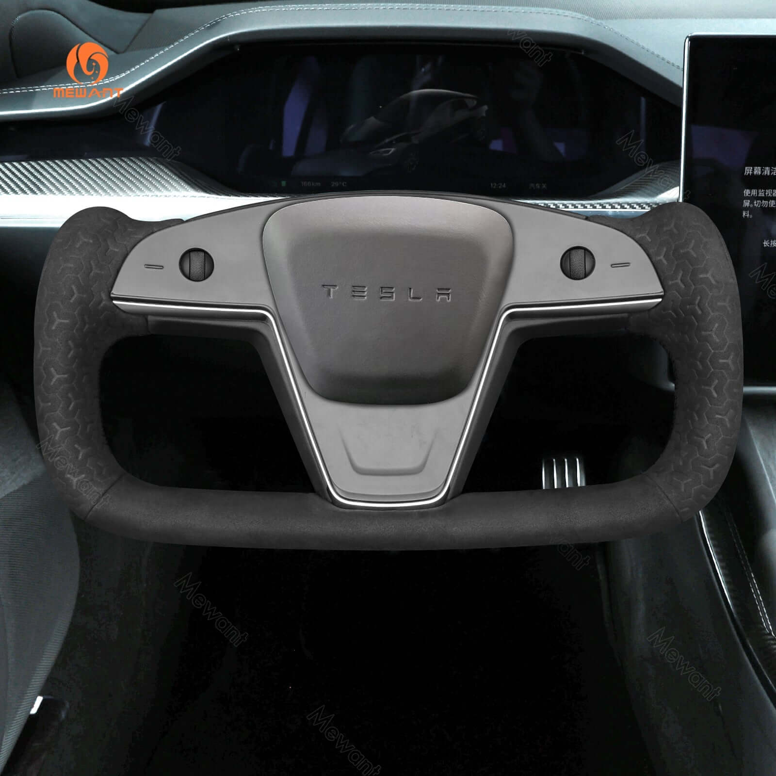 MEWANT Steering Wheel Cover for Tesla Yoke Model S Model X 2021 - 2026 - Alcantara, Leather, Carbon Fiber, Easy Install, Non - Slip, Best Steering Wheel Cover