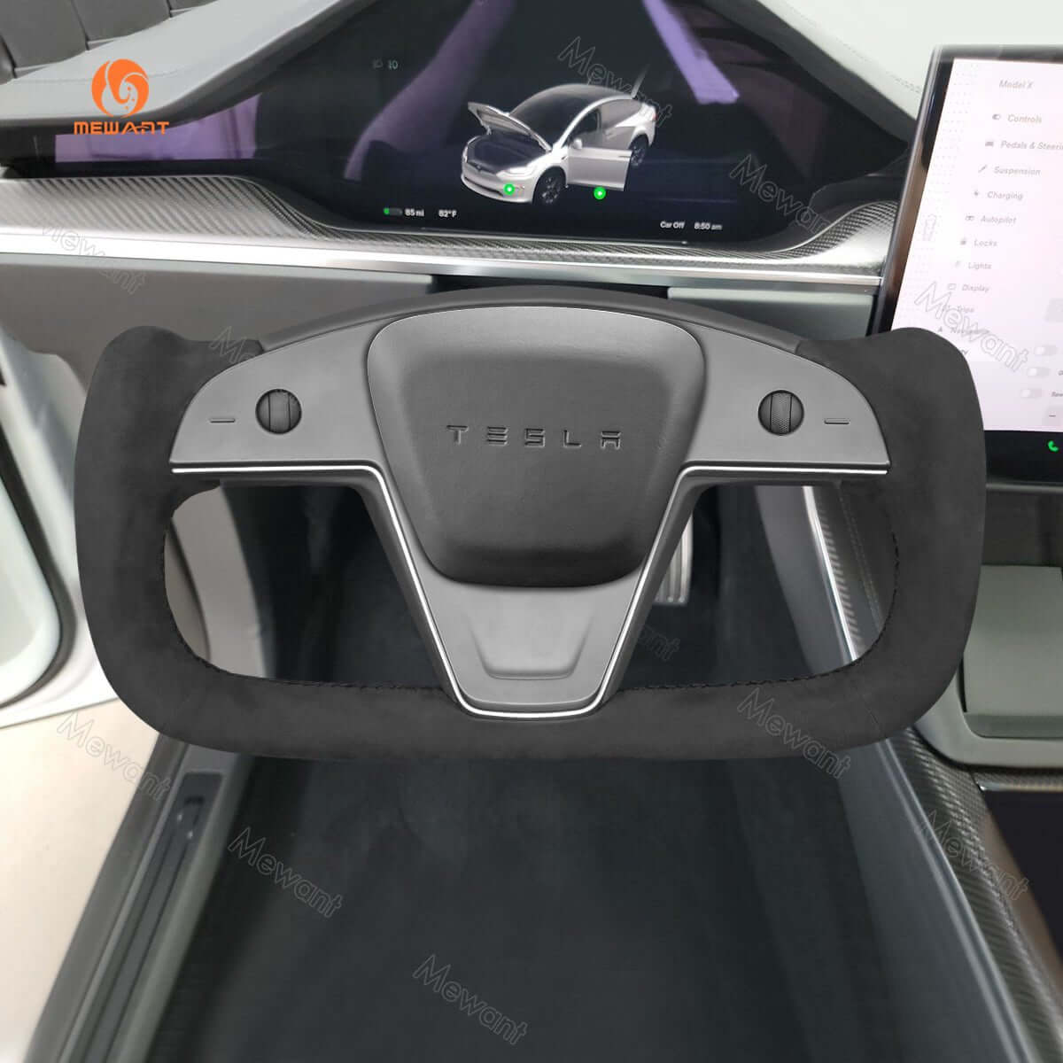 MEWANT Steering Wheel Cover for Tesla Yoke Model S Model X 2021 - 2026 - Alcantara, Leather, Carbon Fiber, Easy Install, Non - Slip, Best Steering Wheel Cover