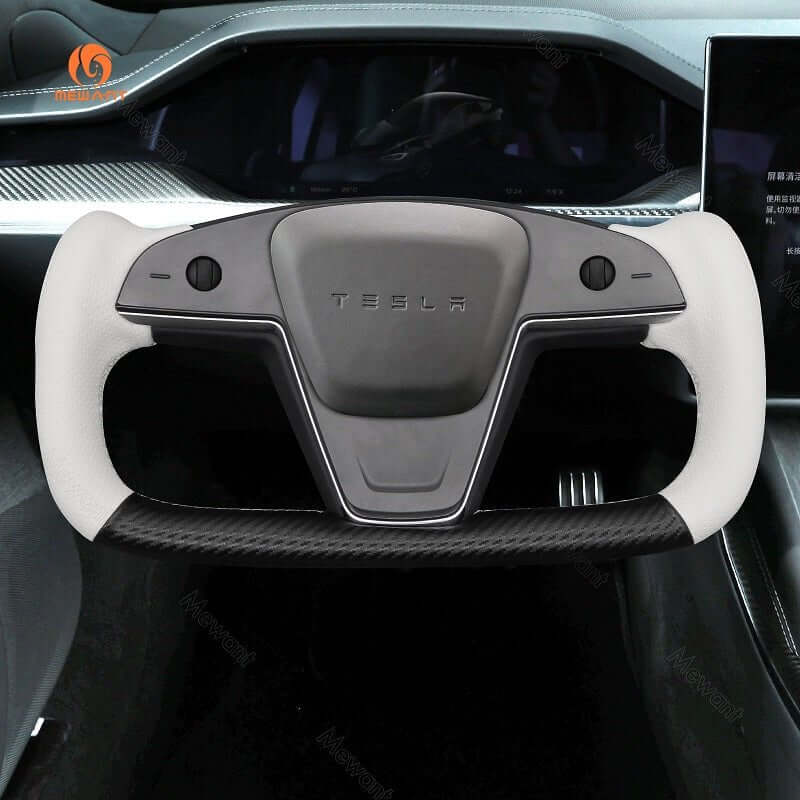 MEWANT Steering Wheel Cover for Tesla Yoke Model S Model X 2021 - 2026 - Alcantara, Leather, Carbon Fiber, Easy Install, Non - Slip, Best Steering Wheel Cover