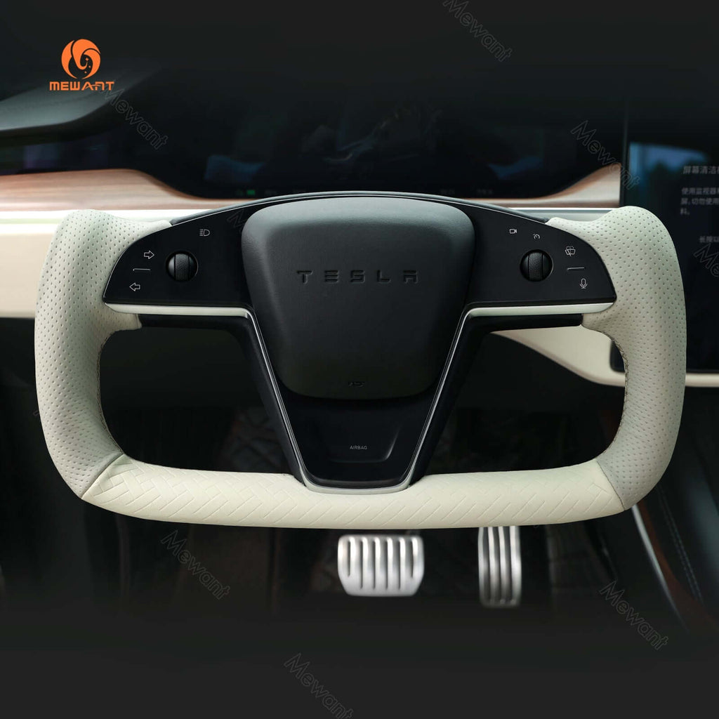 MEWANT Steering Wheel Cover for Tesla Yoke Model S Model X 2021 - 2026 - Alcantara, Leather, Carbon Fiber, Easy Install, Non - Slip, Best Steering Wheel Cover
