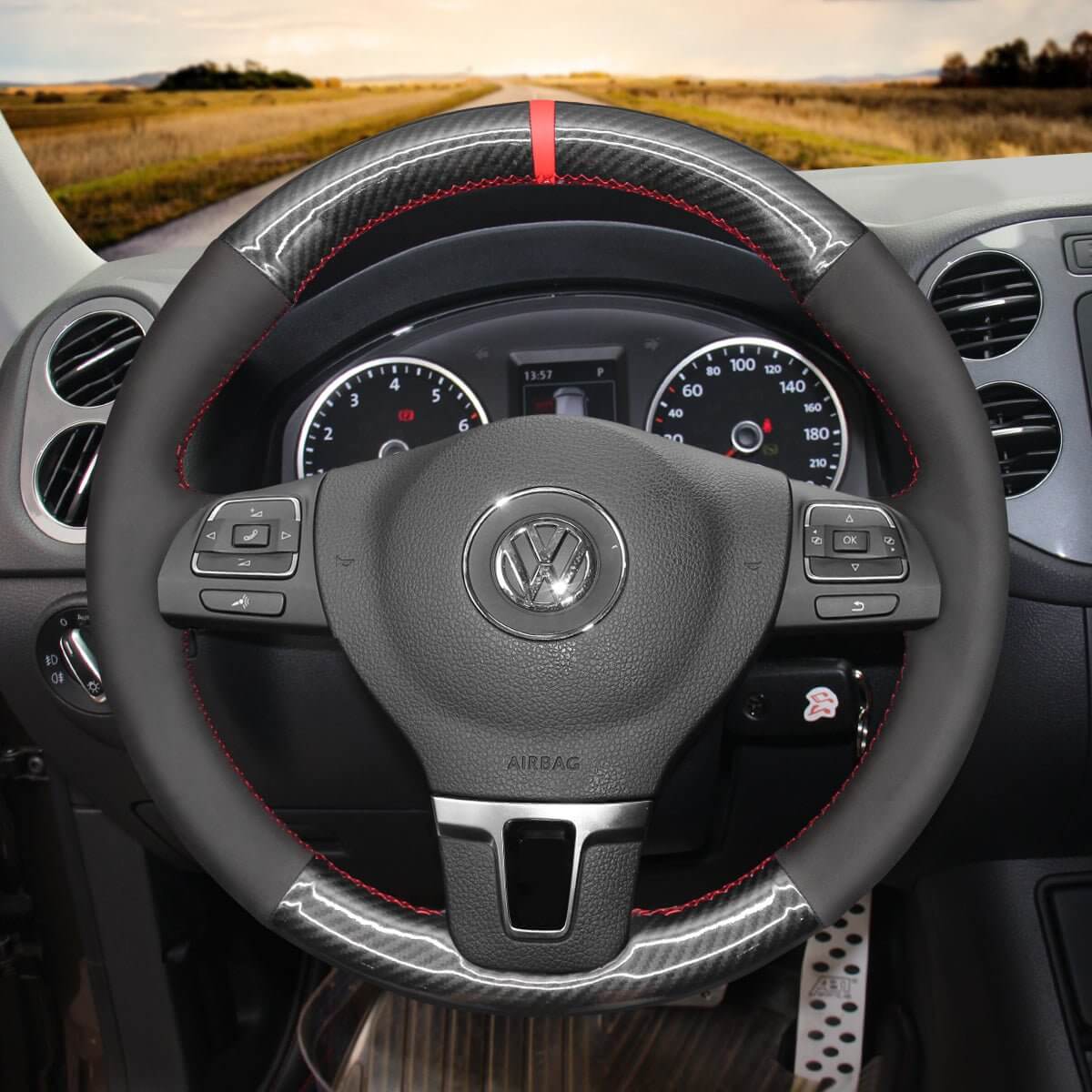 MEWANT Steering Wheel Cover for Volkswagen Golf Tiguan Limited Passat Jetta 2009 - 2018 - Alcantara, Leather, Carbon Fiber, Easy Install, Non - Slip, Best Steering Wheel Cover