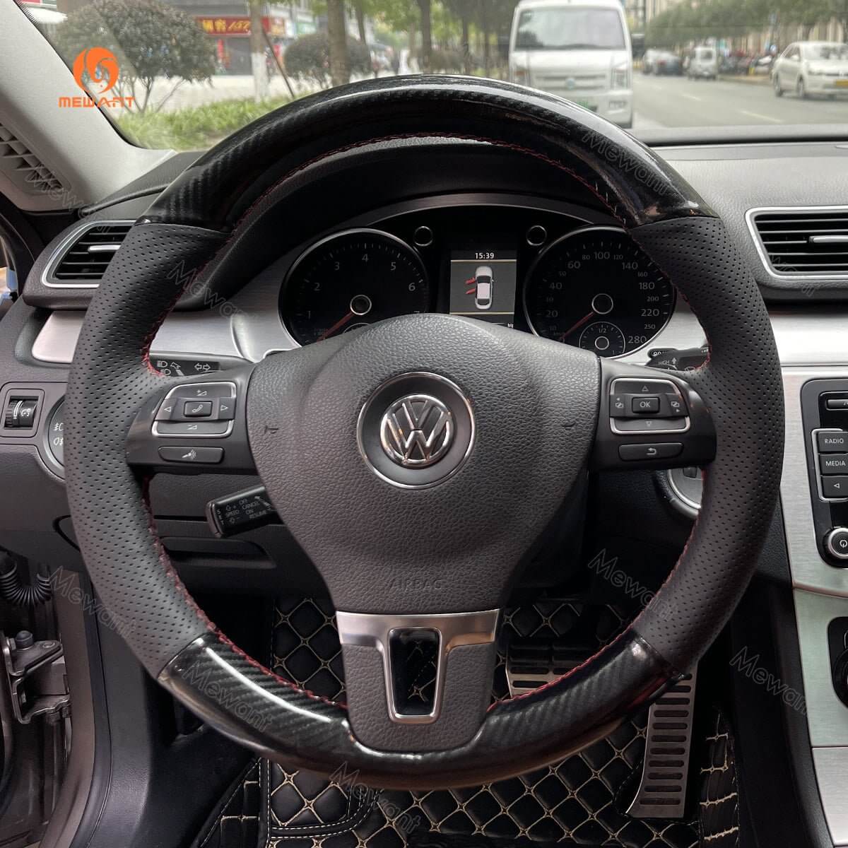 MEWANT Steering Wheel Cover for Volkswagen Golf Tiguan Limited Passat Jetta 2009 - 2018 - Alcantara, Leather, Carbon Fiber, Easy Install, Non - Slip, Best Steering Wheel Cover
