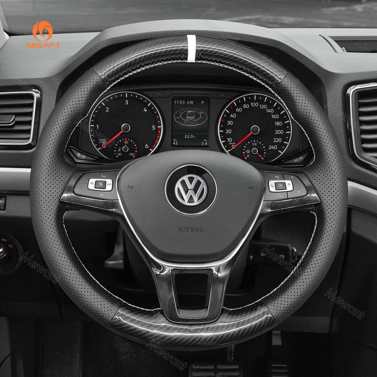 MEWANT Steering Wheel Cover for Volkswagen VW Amarok California avelle Kombi Multivan Transporter 2015 - 2021 - Alcantara, Leather, Carbon Fiber, Easy Install, Non - Slip, Best Steering Wheel Cover