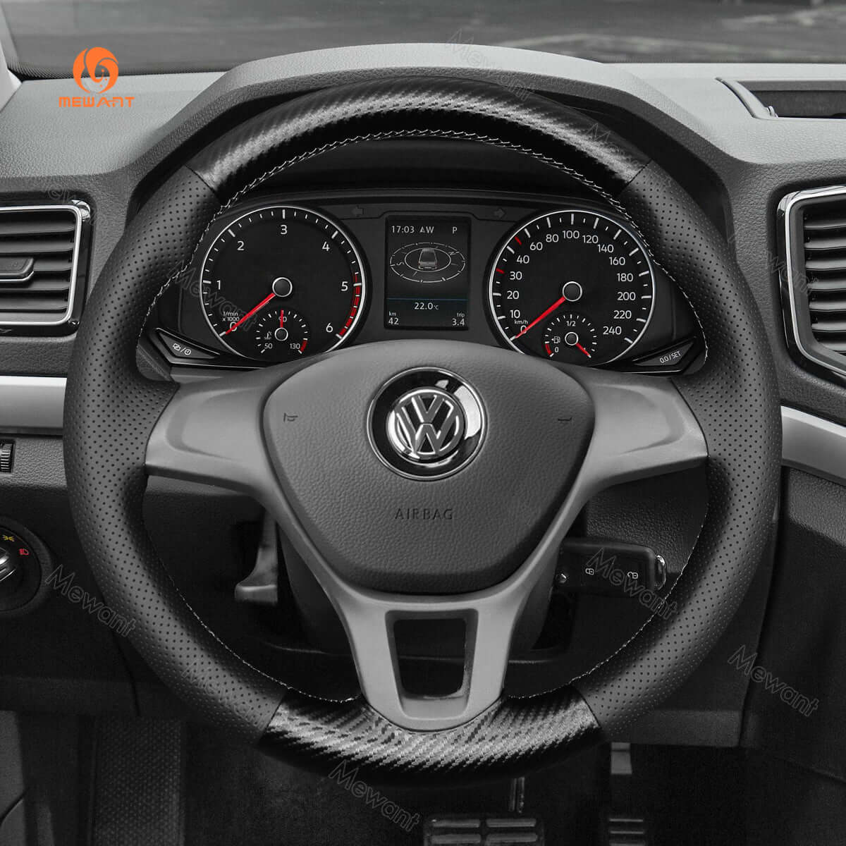 MEWANT Steering Wheel Cover for Volkswagen VW Amarok T6 California avelle Kombi Multivan Transporter 2015 - 2020 - Alcantara, Leather, Carbon Fiber, Easy Install, Non - Slip, Best Steering Wheel Cover