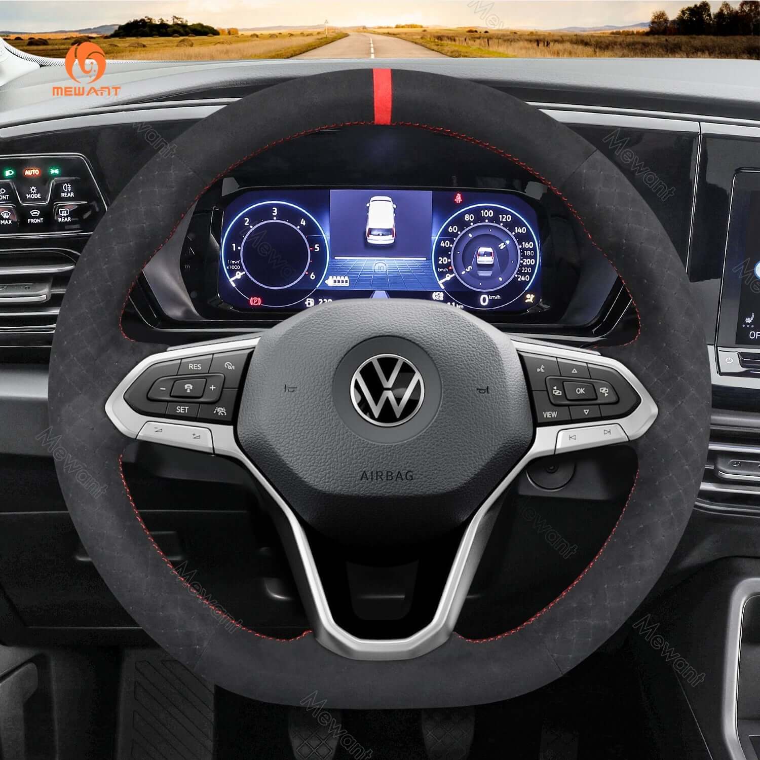 MEWANT Steering Wheel Cover for Volkswagen VW Arteon Atlas ID.4 Taos Cross Sport 2020 - 2021 - Alcantara, Leather, Carbon Fiber, Easy Install, Non - Slip, Best Steering Wheel Cover