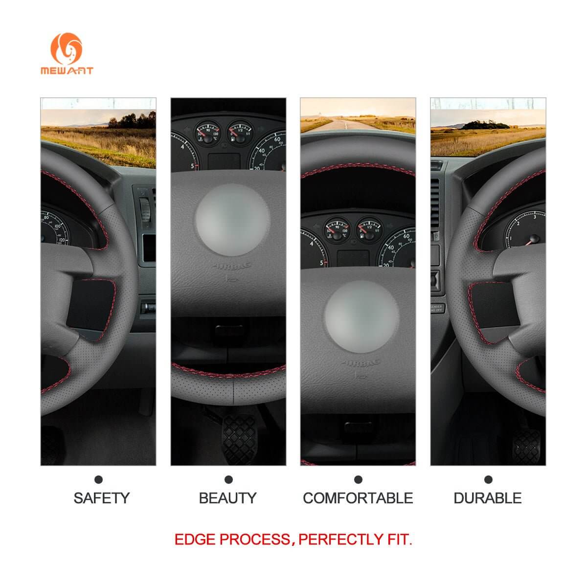 MEWANT Steering Wheel Cover for Volkswagen VW Caddy avelle T5 2003 - 2009 - Alcantara, Leather, Carbon Fiber, Easy Install, Non - Slip, Best Steering Wheel Cover
