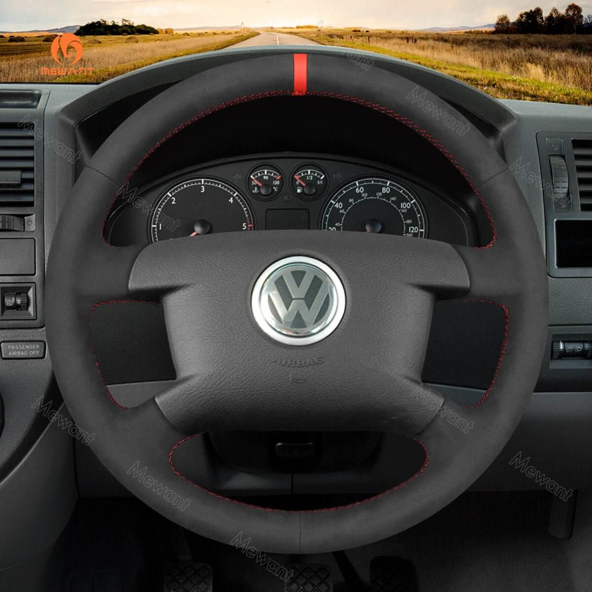 MEWANT Steering Wheel Cover for Volkswagen VW Caddy avelle T5 2003 - 2009 - Alcantara, Leather, Carbon Fiber, Easy Install, Non - Slip, Best Steering Wheel Cover