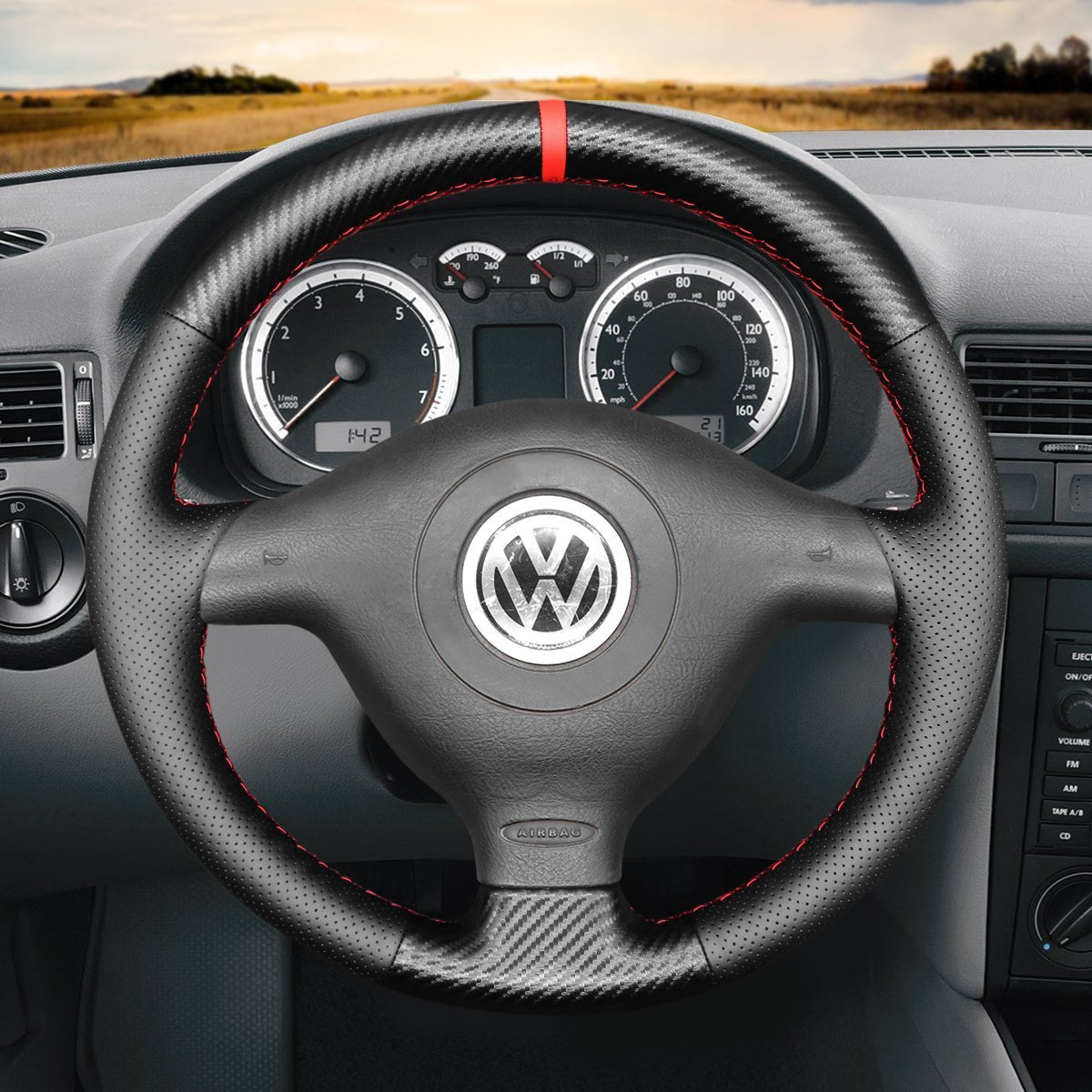 MEWANT Steering Wheel Cover for Volkswagen VW Golf 4 Passat B5 Polo Bora Sharan 1997 - 2005 - Alcantara, Leather, Carbon Fiber, Easy Install, Non - Slip, Best Steering Wheel Cover