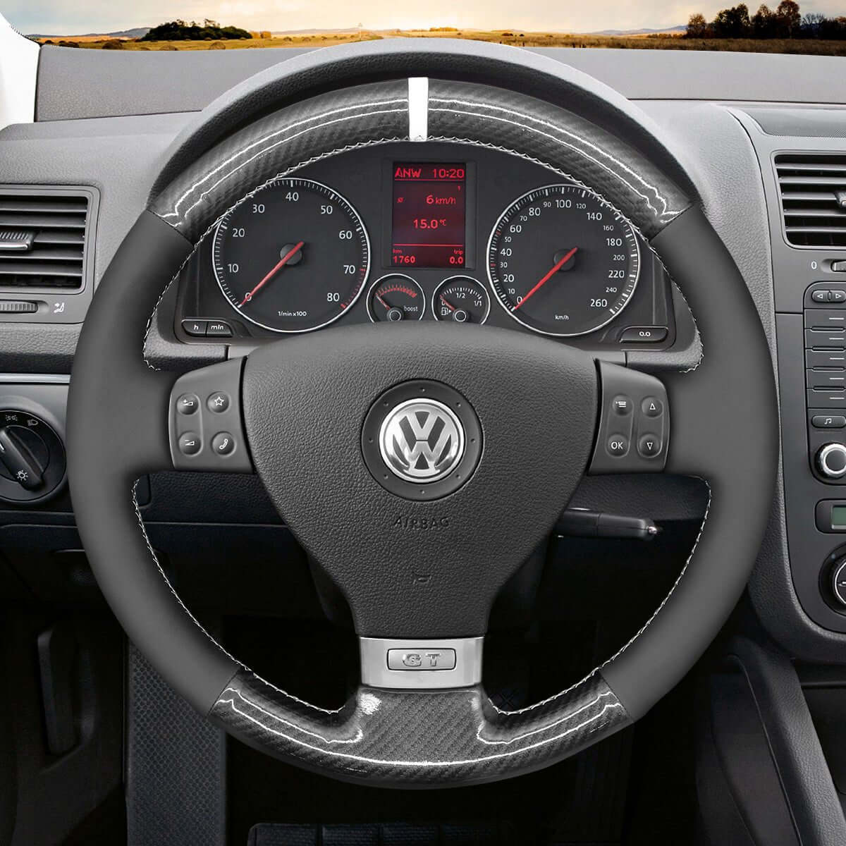 MEWANT Steering Wheel Cover for Volkswagen VW Golf 5 Polo Jetta Passat Touran Caddy EOS 2003 - 2010 - Alcantara, Leather, Carbon Fiber, Easy Install, Non - Slip, Best Steering Wheel Cover