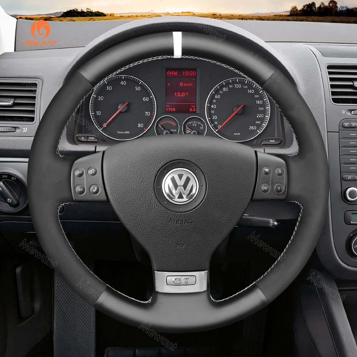 MEWANT Steering Wheel Cover for Volkswagen VW Golf 5 Polo Jetta Passat Touran Caddy EOS 2003 - 2010 - Alcantara, Leather, Carbon Fiber, Easy Install, Non - Slip, Best Steering Wheel Cover