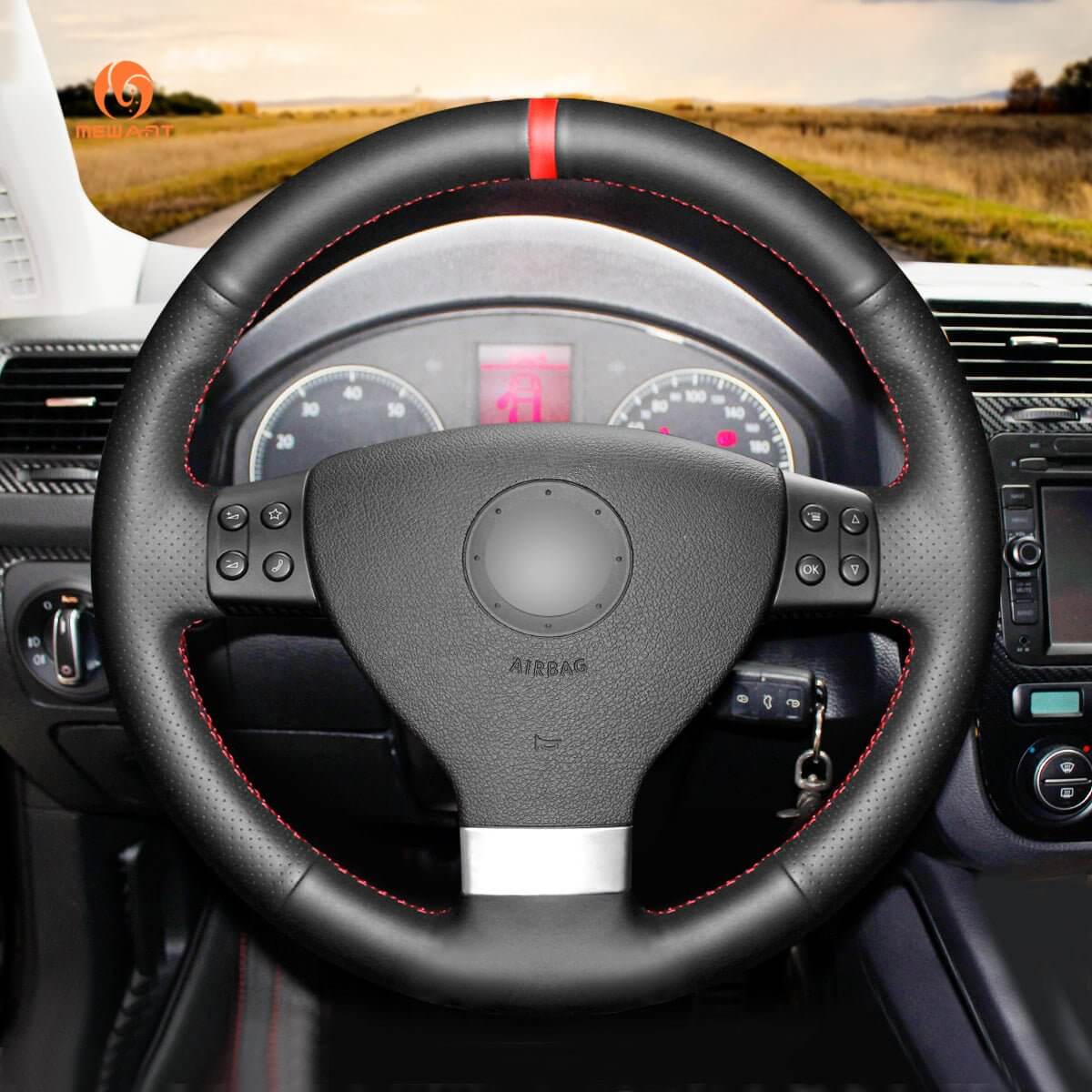 MEWANT Steering Wheel Cover for Volkswagen VW Golf 5 Polo Jetta Passat Touran Caddy EOS 2003 - 2010 - Alcantara, Leather, Carbon Fiber, Easy Install, Non - Slip, Best Steering Wheel Cover