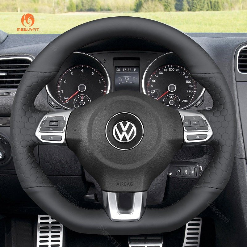 MEWANT Steering Wheel Cover for Volkswagen VW Golf 6 Polo GTI Scirocco Tiguan R - Line 2009 - 2016 - Alcantara, Leather, Carbon Fiber, Easy Install, Non - Slip, Best Steering Wheel Cover