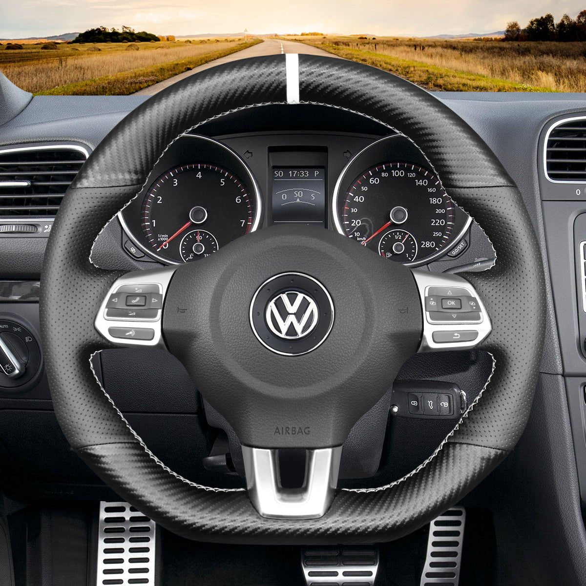 MEWANT Steering Wheel Cover for Volkswagen VW Golf 6 Polo GTI Scirocco Tiguan R - Line 2009 - 2016 - Alcantara, Leather, Carbon Fiber, Easy Install, Non - Slip, Best Steering Wheel Cover