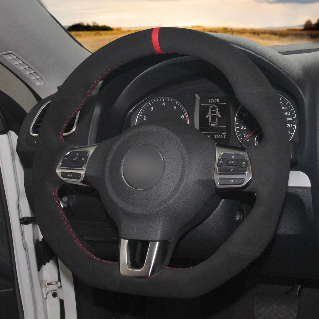 MEWANT Steering Wheel Cover for Volkswagen VW Golf 6 Polo GTI Scirocco Tiguan R - Line 2009 - 2016 - Alcantara, Leather, Carbon Fiber, Easy Install, Non - Slip, Best Steering Wheel Cover