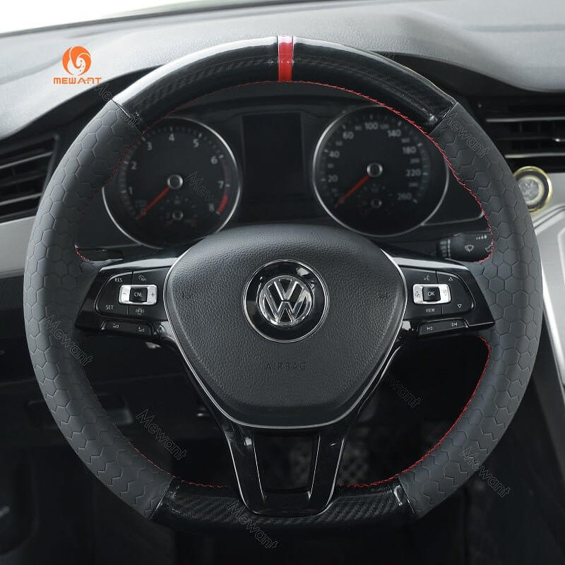 MEWANT Steering Wheel Cover for Volkswagen VW Golf 7 Alltrack Jetta Passat Tiguan e - Golf Arteon Atlas 2015 - 2021 - Alcantara, Leather, Carbon Fiber, Easy Install, Non - Slip, Best Steering Wheel Cover