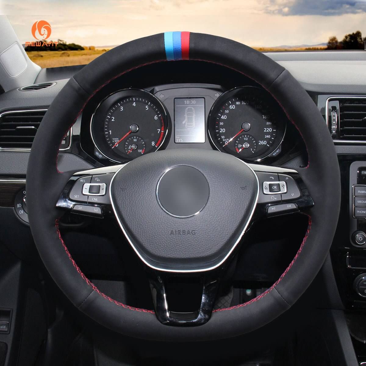 MEWANT Steering Wheel Cover for Volkswagen VW Golf 7 Alltrack Jetta Passat Tiguan e - Golf Arteon Atlas 2015 - 2021 - Alcantara, Leather, Carbon Fiber, Easy Install, Non - Slip, Best Steering Wheel Cover