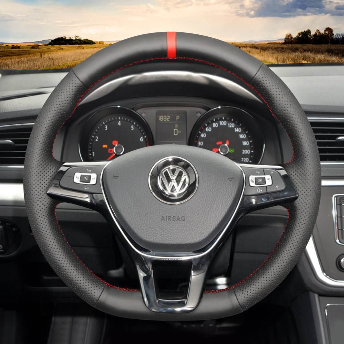 MEWANT Steering Wheel Cover for Volkswagen VW Golf 7 Alltrack Jetta Passat Tiguan e - Golf Arteon Atlas 2015 - 2021 - Alcantara, Leather, Carbon Fiber, Easy Install, Non - Slip, Best Steering Wheel Cover