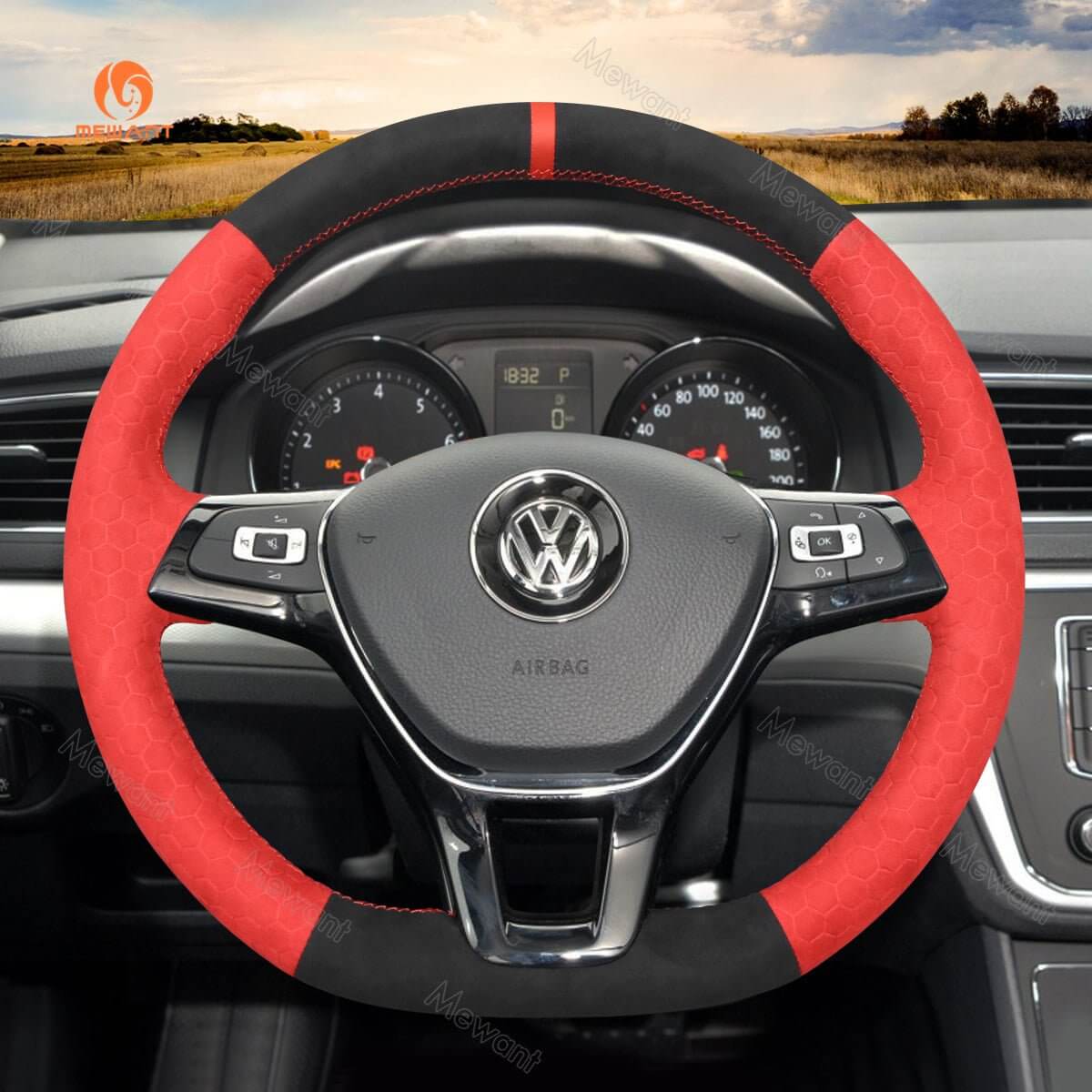 MEWANT Steering Wheel Cover for Volkswagen VW Golf 7 Alltrack Jetta Passat Tiguan e - Golf Arteon Atlas 2015 - 2021 - Alcantara, Leather, Carbon Fiber, Easy Install, Non - Slip, Best Steering Wheel Cover