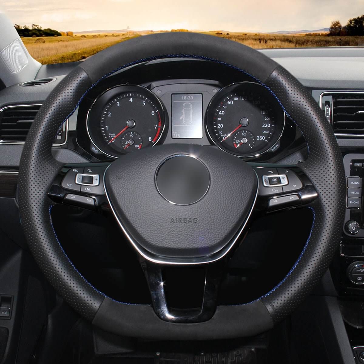 MEWANT Steering Wheel Cover for Volkswagen VW Golf 7 Alltrack Jetta Passat Tiguan e - Golf Arteon Atlas 2015 - 2021 - Alcantara, Leather, Carbon Fiber, Easy Install, Non - Slip, Best Steering Wheel Cover