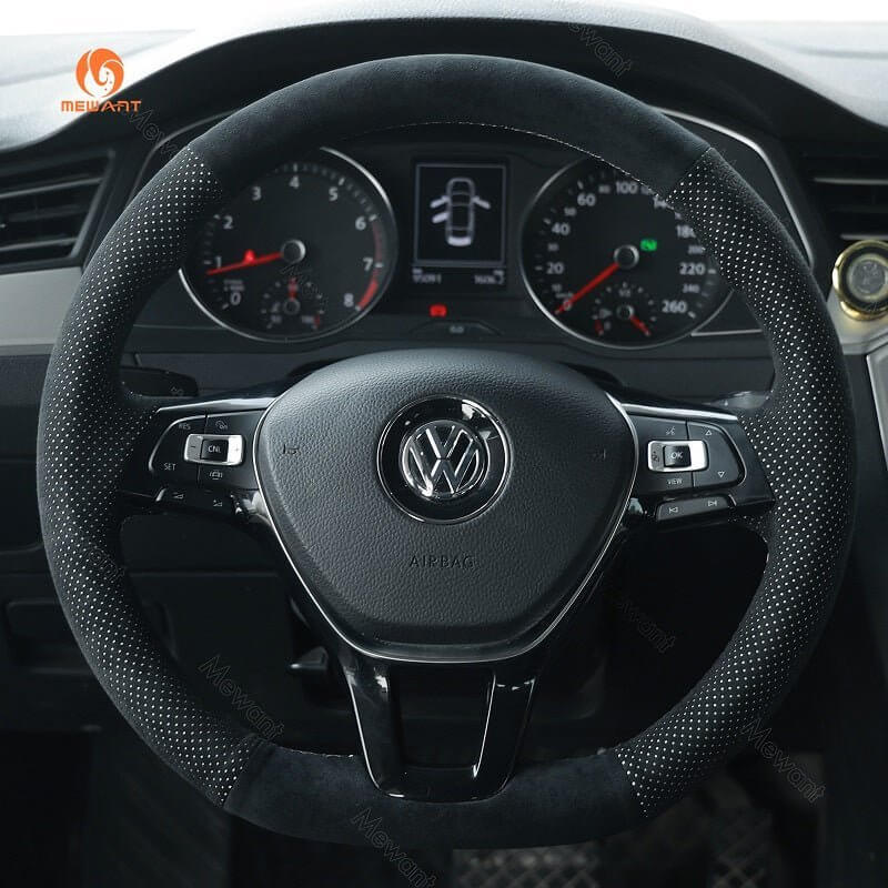 MEWANT Steering Wheel Cover for Volkswagen VW Golf 7 Alltrack Jetta Passat Tiguan e - Golf Arteon Atlas 2015 - 2021 - Alcantara, Leather, Carbon Fiber, Easy Install, Non - Slip, Best Steering Wheel Cover