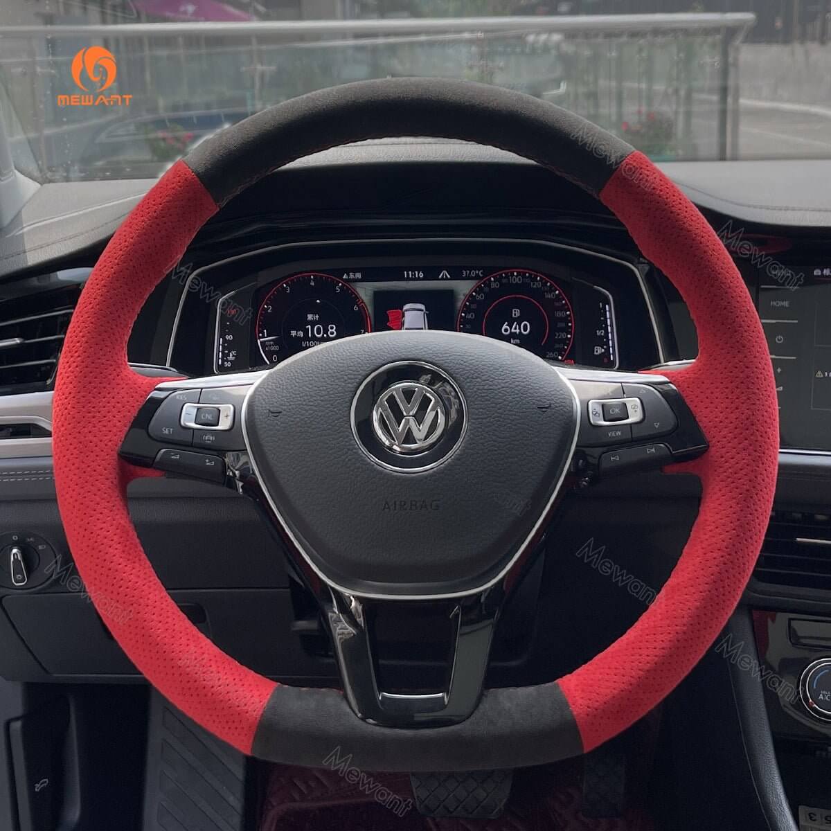 MEWANT Steering Wheel Cover for Volkswagen VW Golf 7 Alltrack Jetta Passat Tiguan e - Golf Arteon Atlas 2015 - 2021 - Alcantara, Leather, Carbon Fiber, Easy Install, Non - Slip, Best Steering Wheel Cover