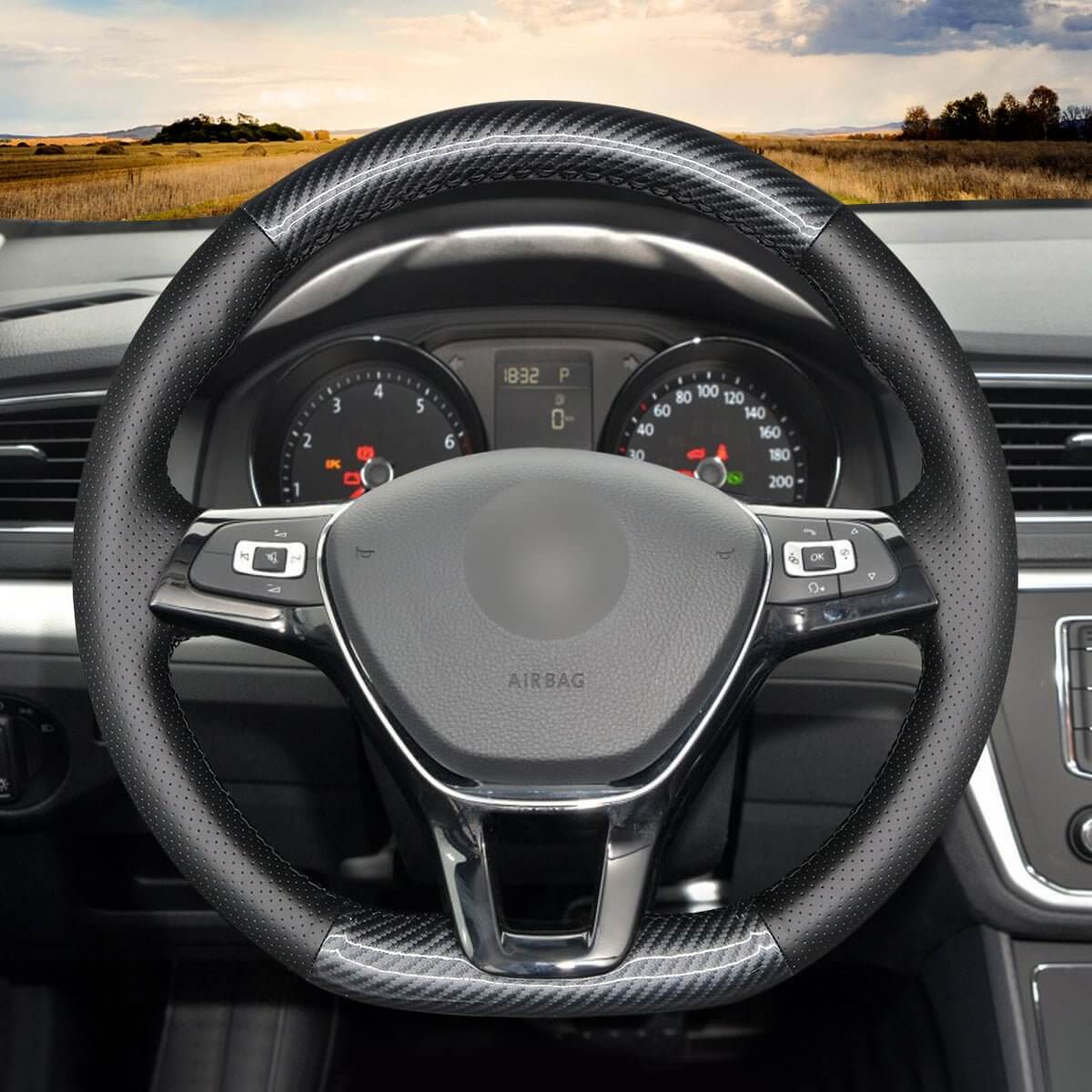 MEWANT Steering Wheel Cover for Volkswagen VW Golf 7 Alltrack Jetta Passat Tiguan e - Golf Arteon Atlas 2015 - 2021 - Alcantara, Leather, Carbon Fiber, Easy Install, Non - Slip, Best Steering Wheel Cover