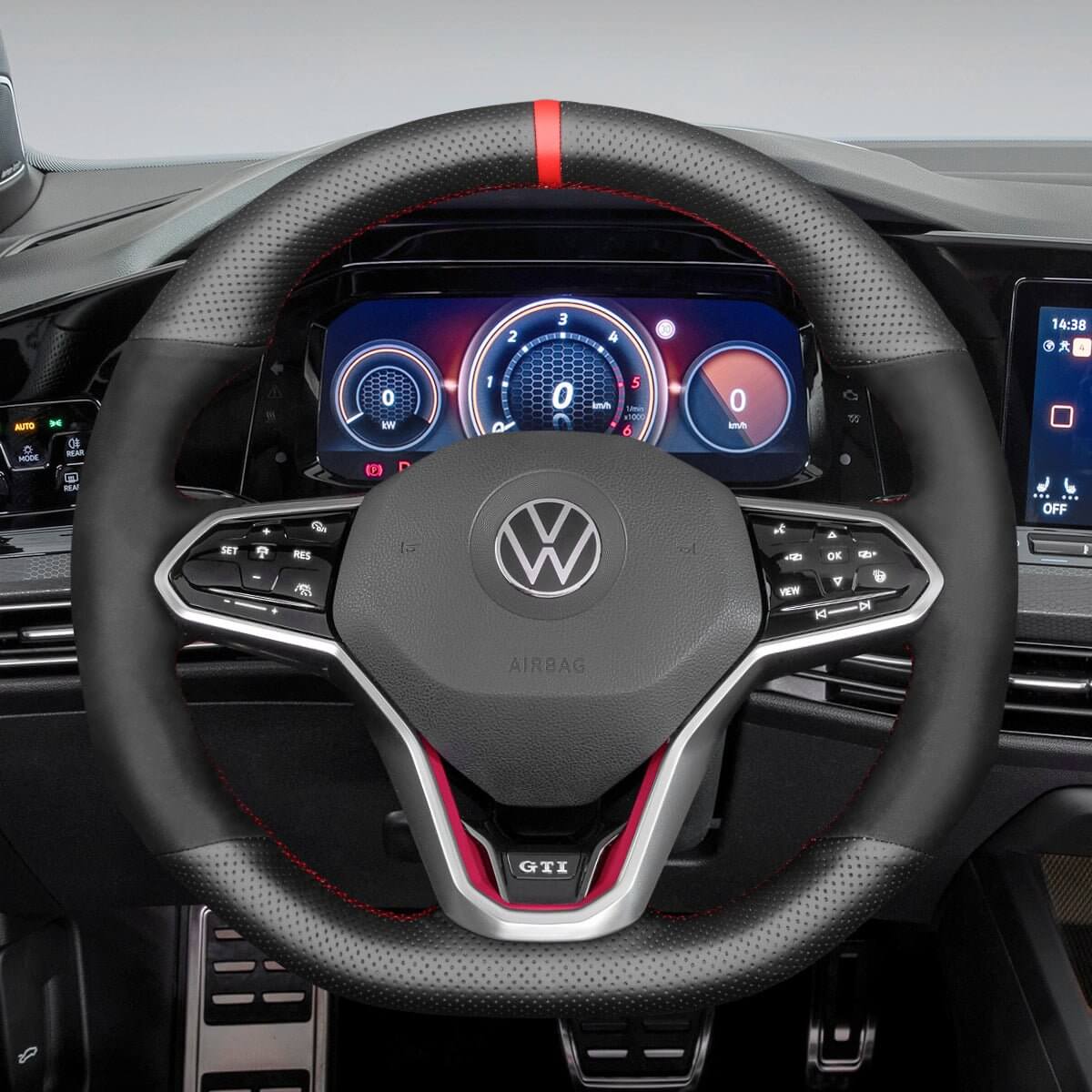 MEWANT Steering Wheel Cover for Volkswagen VW Golf 8 Arteon Tiguan Touareg R - Line 2020 - 2021 - Alcantara, Leather, Carbon Fiber, Easy Install, Non - Slip, Best Steering Wheel Cover