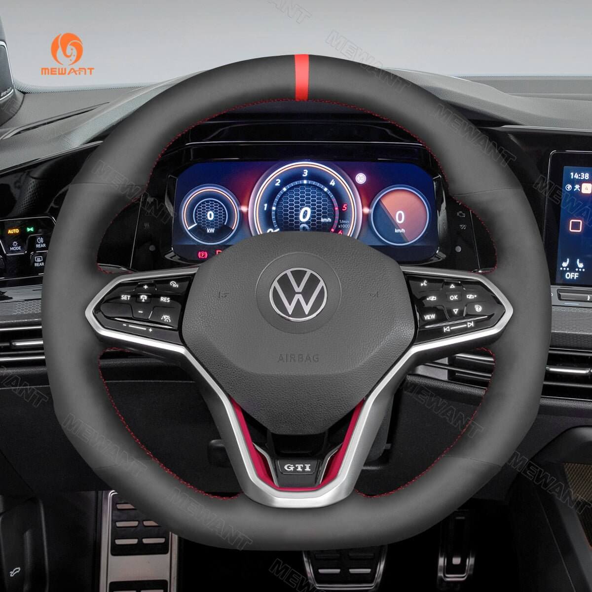 MEWANT Steering Wheel Cover for Volkswagen VW Golf 8 Arteon Tiguan Touareg R - Line 2020 - 2021 - Alcantara, Leather, Carbon Fiber, Easy Install, Non - Slip, Best Steering Wheel Cover
