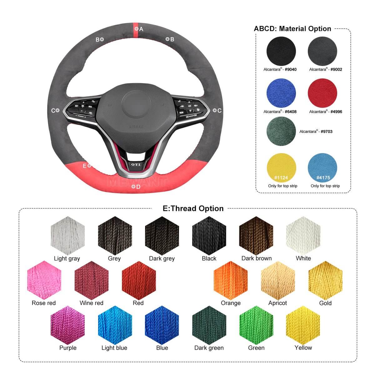 MEWANT Steering Wheel Cover for Volkswagen VW Golf 8 Arteon Tiguan Touareg R - Line 2020 - 2021 - Alcantara, Leather, Carbon Fiber, Easy Install, Non - Slip, Best Steering Wheel Cover