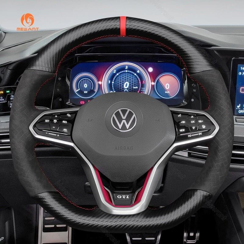 MEWANT Steering Wheel Cover for Volkswagen VW Golf 8 Arteon Tiguan Touareg R - Line 2020 - 2021 - Alcantara, Leather, Carbon Fiber, Easy Install, Non - Slip, Best Steering Wheel Cover