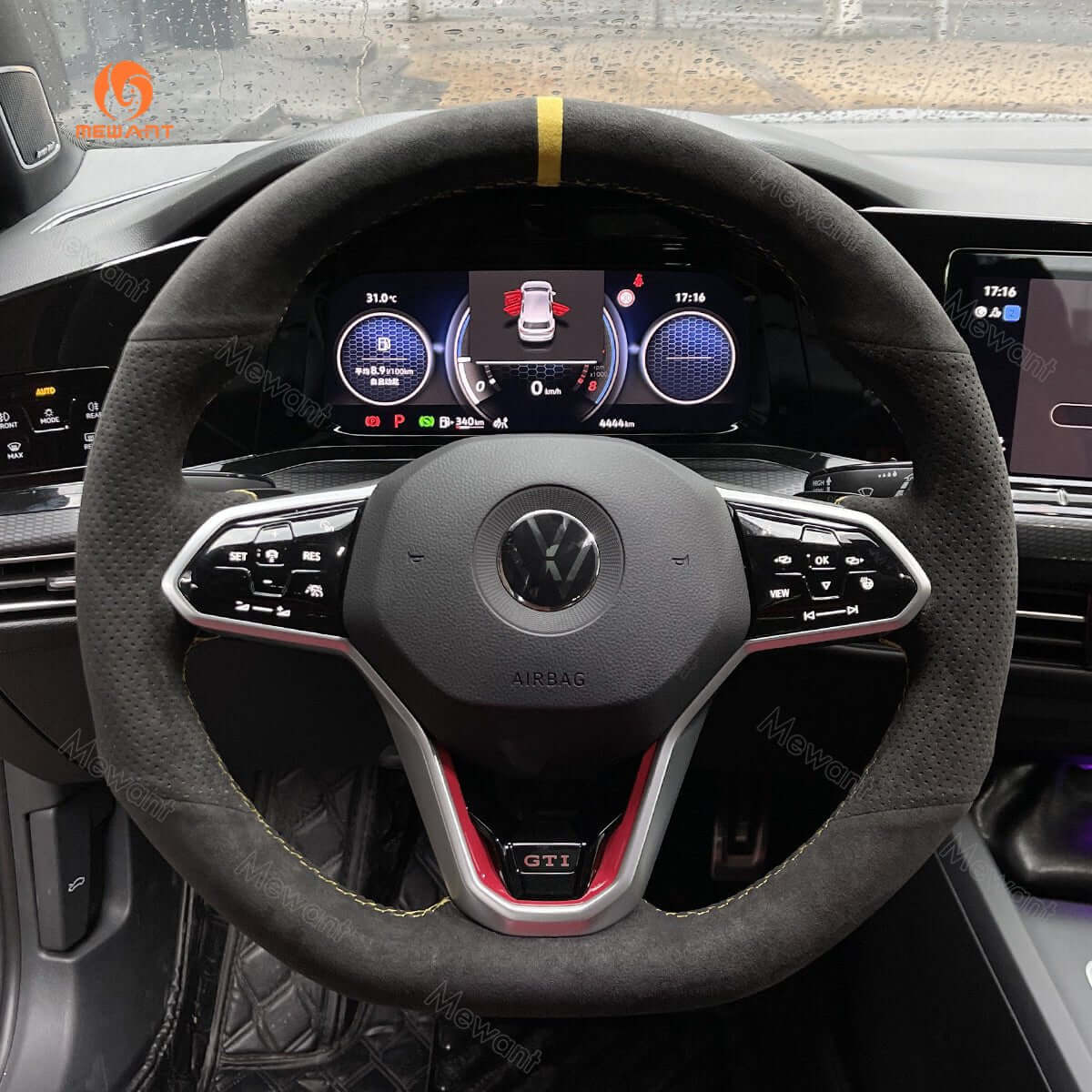 MEWANT Steering Wheel Cover for Volkswagen VW Golf 8 Arteon Tiguan Touareg R - Line 2020 - 2021 - Alcantara, Leather, Carbon Fiber, Easy Install, Non - Slip, Best Steering Wheel Cover