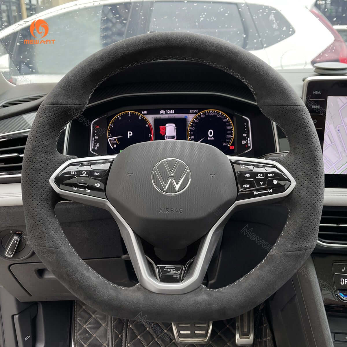MEWANT Steering Wheel Cover for Volkswagen VW Golf 8 Arteon Tiguan Touareg R - Line 2020 - 2021 - Alcantara, Leather, Carbon Fiber, Easy Install, Non - Slip, Best Steering Wheel Cover