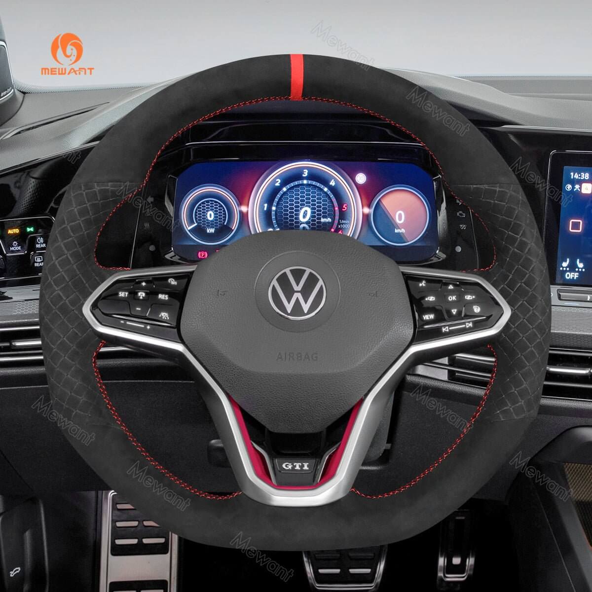 MEWANT Steering Wheel Cover for Volkswagen VW Golf 8 Arteon Tiguan Touareg R - Line 2020 - 2021 - Alcantara, Leather, Carbon Fiber, Easy Install, Non - Slip, Best Steering Wheel Cover