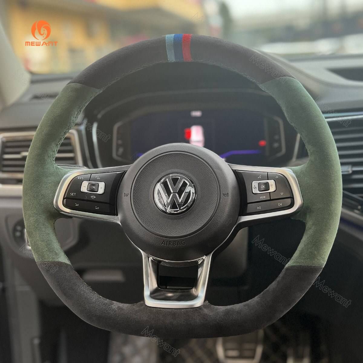 MEWANT Steering Wheel Cover for Volkswagen VW Golf GTI 7 Golf R Jetta GLI 2015 - 2021 - Alcantara, Leather, Carbon Fiber, Easy Install, Non - Slip, Best Steering Wheel Cover