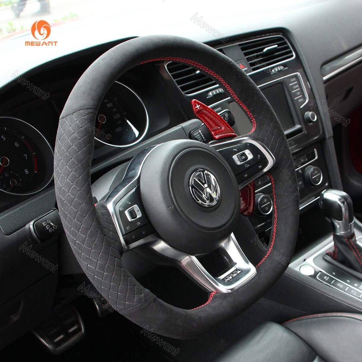 MEWANT Steering Wheel Cover for Volkswagen VW Golf GTI 7 Golf R Jetta GLI 2015 - 2021 - Alcantara, Leather, Carbon Fiber, Easy Install, Non - Slip, Best Steering Wheel Cover