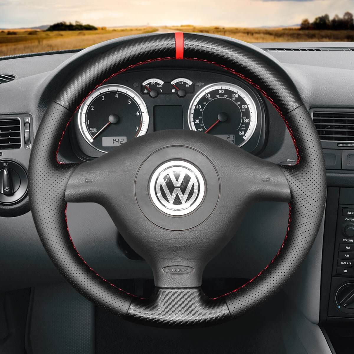 MEWANT Steering Wheel Cover for Volkswagen VW / Seat / Skoda Golf 4 Passat B5 Polo Bora Sharan Leon MK1 Fabia 1 6Y 1997 - 2004 - Alcantara, Leather, Carbon Fiber, Easy Install, Non - Slip, Best Steering Wheel Cover