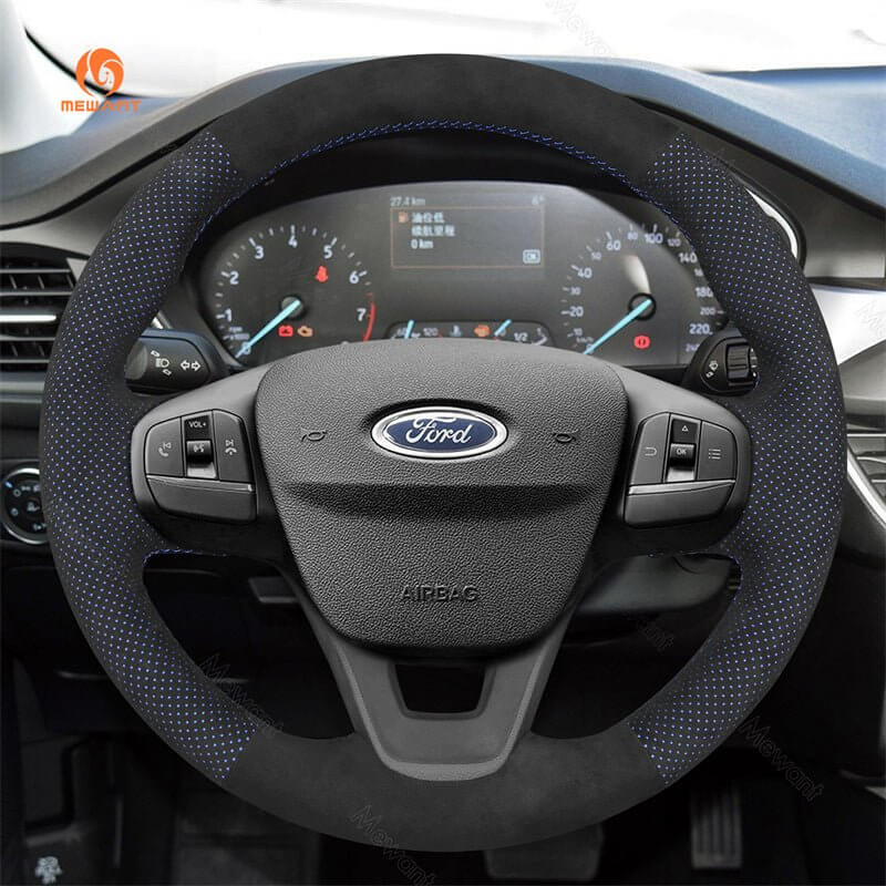 MEWANT Steering Wheel Cover ford Bronco Sport Escape E - Transit Maverick Transit Courier Custom Focus IV Fiesta VII Tourneo 2017 - 2024 - Alcantara, Leather, Carbon Fiber, Easy Install, Non - Slip, Best Steering Wheel Cover