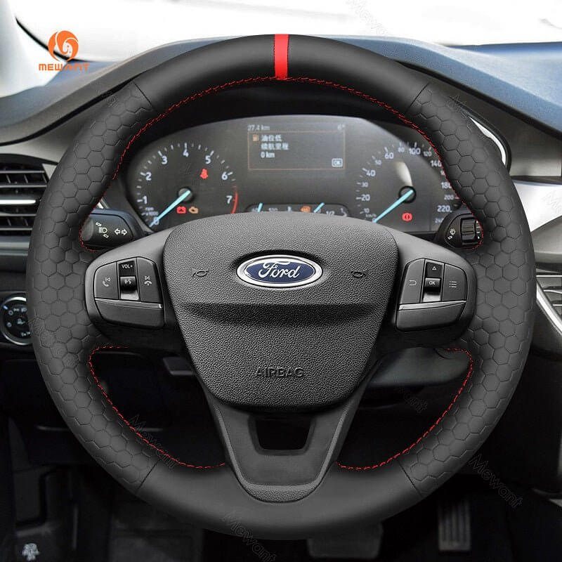 MEWANT Steering Wheel Cover ford Bronco Sport Escape E - Transit Maverick Transit Courier Custom Focus IV Fiesta VII Tourneo 2017 - 2024 - Alcantara, Leather, Carbon Fiber, Easy Install, Non - Slip, Best Steering Wheel Cover