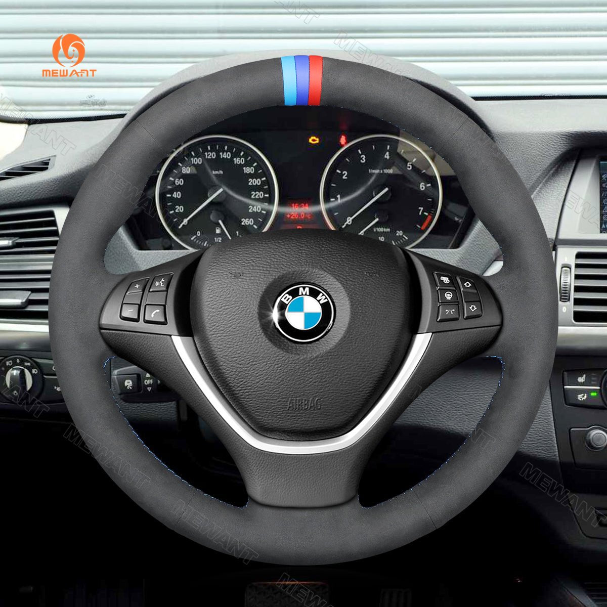 MEWANT Suede Athsuede Car Steering Wheel Cover for BMW X5 E70 2006 - 2013 X6 E71 2008 - 2014 / E72 (ActiveHybrid X6) 2009 - 2010 - Alcantara, Leather, Carbon Fiber, Easy Install, Non - Slip, Best Steering Wheel Cover