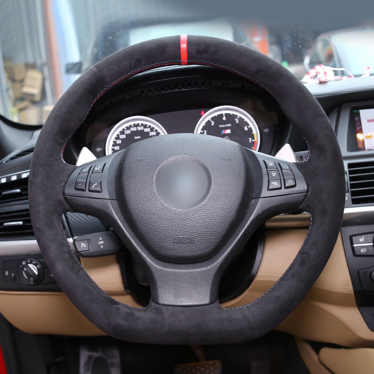 MEWANT Suede Athsuede Car Steering Wheel Cover for BMW X5 E70 2006 - 2013 X6 E71 2008 - 2014 / E72 (ActiveHybrid X6) 2009 - 2010 - Alcantara, Leather, Carbon Fiber, Easy Install, Non - Slip, Best Steering Wheel Cover